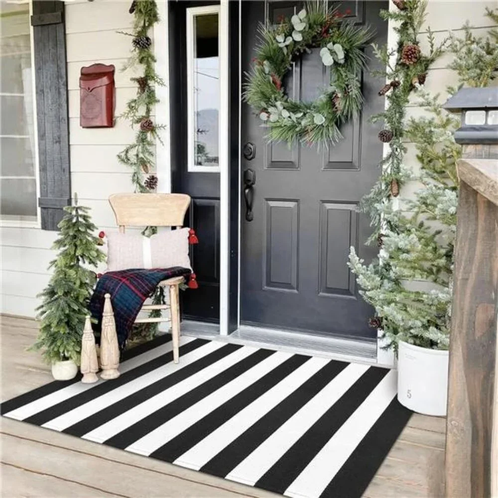 Black and White Striped Area Rug 3x5 Ft Front Door Rug Hand Woven Cotton